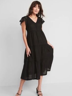 Old Navy Black Midi Swing Dress Flutter Sleeve Tie Back Tiered Womens L New